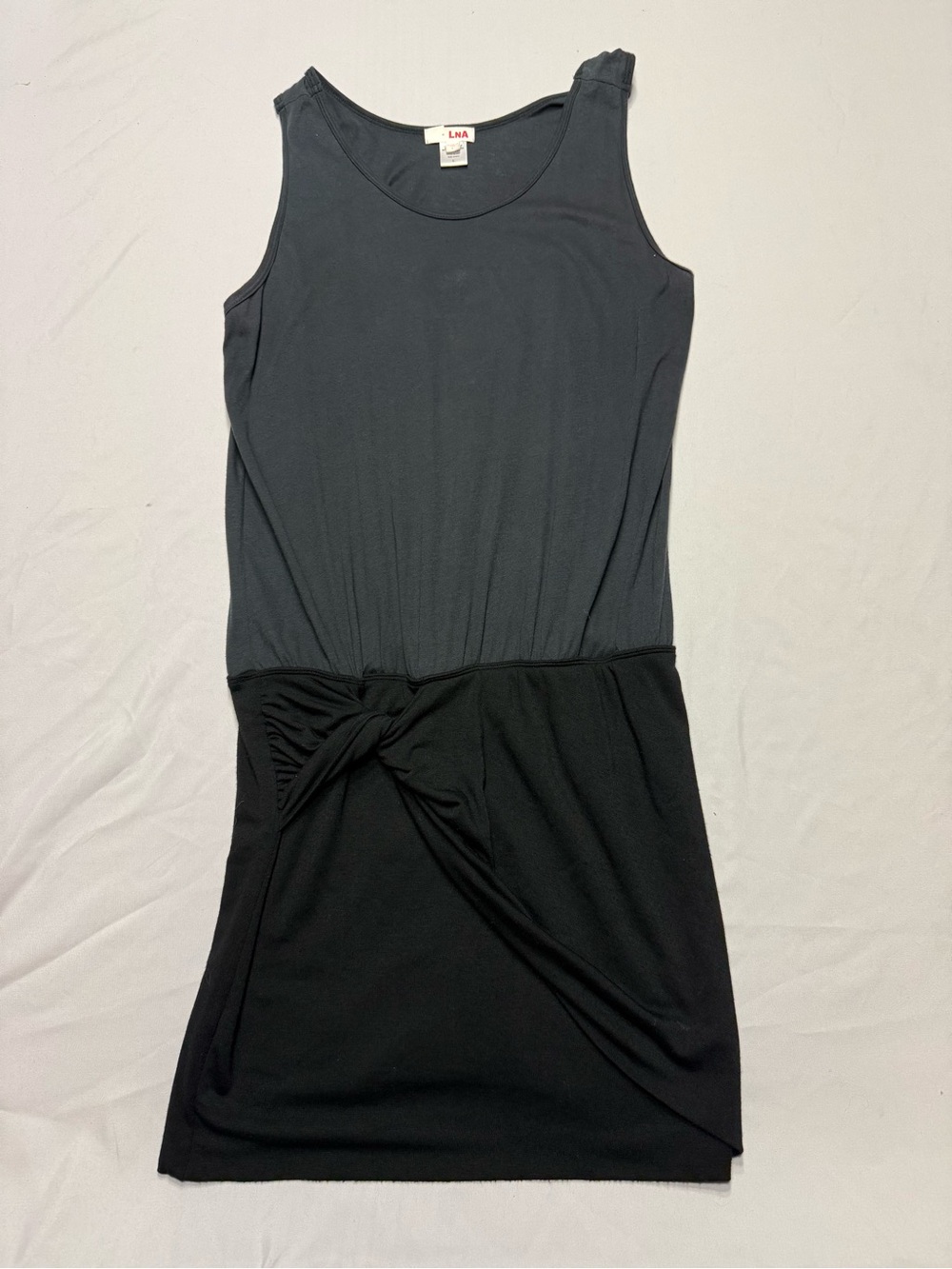 LNA Two-Tone Charcoal Top Black Skirt Knot-Waist Mini Dress